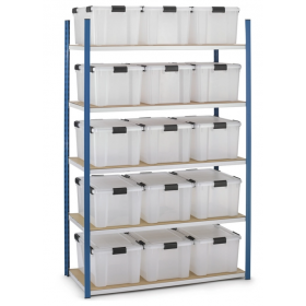 PACK - Rayonnage avec bacs plastique de rangement hermétiques - 5 tablettes 1440 X 600 X 2000 mm - 15 BACS DE 70L