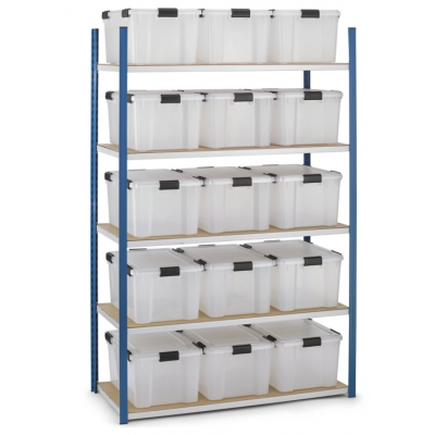PACK - Rayonnage avec bacs plastique de rangement hermétiques - 5 tablettes 1440 X 600 X 2000 mm - 15 BACS DE 70L