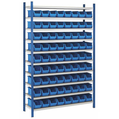 Pack rayonnage - BLEU 72 bacs 10 tablettes 1240 x 400 x 2000 mm
